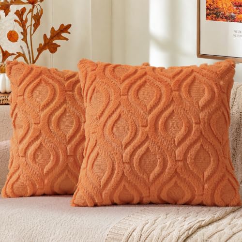 decorUhome Faux Fur Plush Soft Orange Throw Pillow Covers 20x20 Set of 2