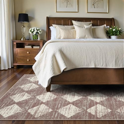 Lahome Checkered 6x9 Area Rug Beige Machine Washable Non Slip Living Room