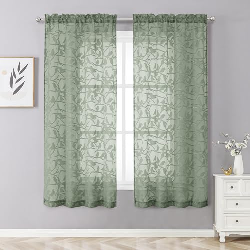 OVZME Sage Green Sheer Curtains 63 Inch Length 2 Panel Set, Light Filtering Bedroom Curtains with Dual Rod Pocket Top, Leaf Bird Clip Jacquard Sheer Farmhouse Window Drapes for Living Room, 2x38Wx63L