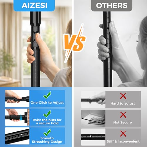 AIZESI 41-144 Inch Heavy Duty Tension Curtain Rod - No Drilling, Adjustable, Rust-Resistant for Outdoor, Living Room, Window, Bathroom, Diameter 1.26In-Black