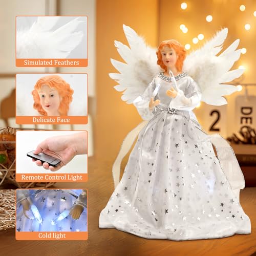 Christmas Angel Tree Topper Lighted - Angel Tree Top with Light and Remote Control Function Christmas Tree Decoration with Feather Wings for Indoor Home Party Holiday Xmas Tree Decoration, Silver