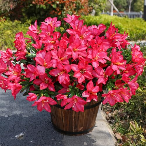 INSPRING Artificial Flowers for Outdoors Outside Summer Decoration, 3 Bundles Fake Silk Azalea Plants UV Resistant Realistic Faux Flowers for Outdoor Planters Front Door Patio Garden Home, Hotpink