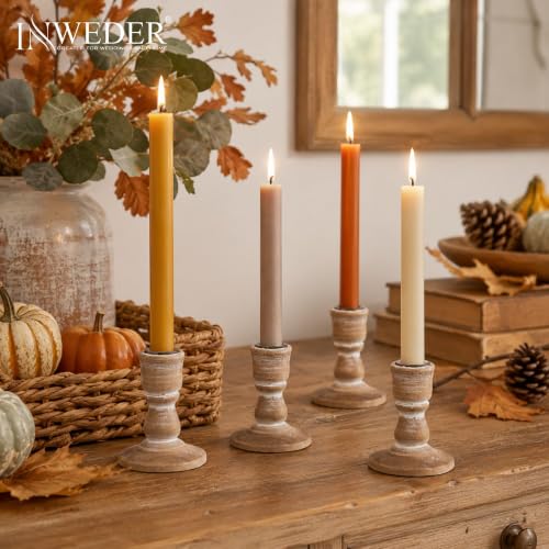 Wooden Taper Candle Holders: Rustic Farmhouse Decor, Set of 4