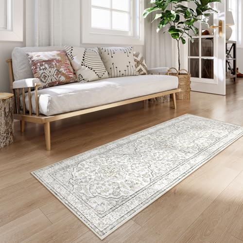 Lahome Oriental Bathroom Runner Rug,Washable 2x6 Beige Kitchen Runner Rug Non Skid Hallway Runner,Ultra-Thin Soft Rug Boho Indoor Floor Carpet Runner 6ft for Bedroom Entrway Laundry Room Helena