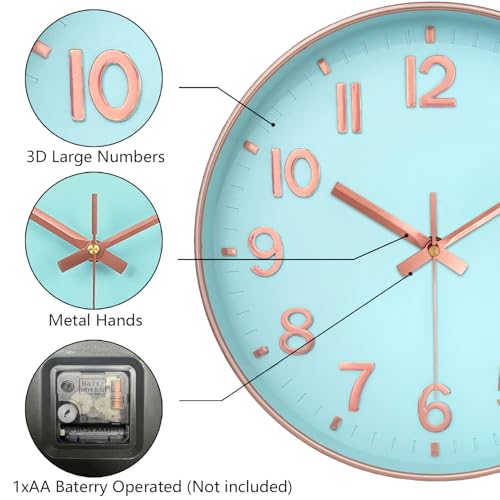 Wall Clock, 8 Inch Wall Clocks Battery Operated, Round Modern Non Ticking Silent Digital Analog Small Wall Clock for Bedroom Living Room Kitchen Office Gym Classroom Outdoor Clocks, Blue