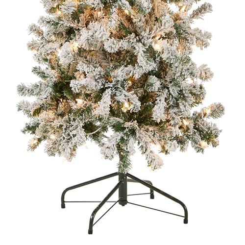 National Tree Company 6 ft Pre-Lit Flocked Acacia Slim Artificial Christmas Tree, 250 Clear Lights, 512 Tips, Includes Stand, Green