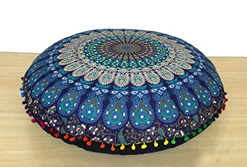 CRAFT KALA 32" Round Mandala Floor Pillow Seating Throw Cover Hippie Decorative Bohemian Ottoman Poufs Pom Pom Pillow Cover Cases Boho Cotton Living Yoga Home Decor, Blue Peacock