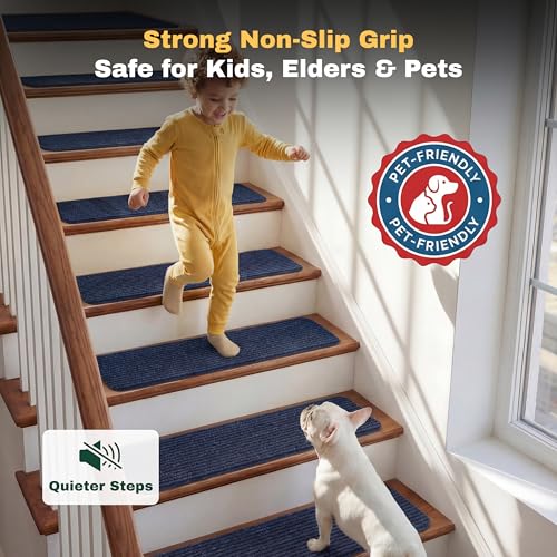 MBIGM 8" X 30" (15 in Pack) Non-Slip Carpet Stair Treads Non-Skid Safety Rug Slip Resistant Indoor Runner for Kids Elders & Pets with Reusable Adhesive - Navy - Carpet Pads for Stairs