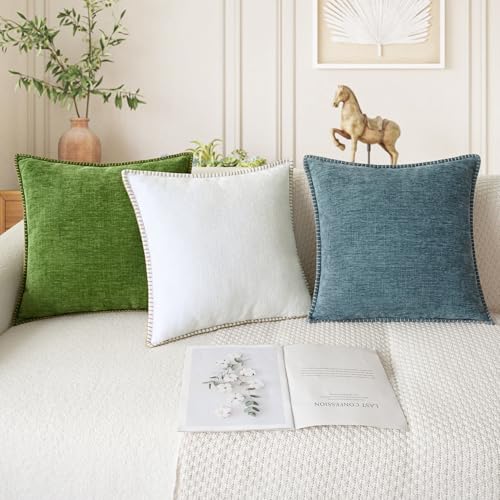 CaliTime Throw Pillow Covers Decorative 18 X 18 Inches Pack of 2 Cotton Thread Stitching Edges Solid Dyed Soft Chenille Cushion Cases for Couch Sofa Bed Living Room Farmhouse Smoke Blue