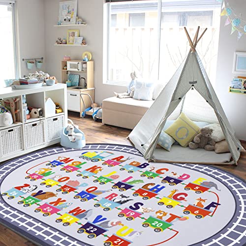 Small Playroom Rug, Kids Playmat ABC Alphabet, Numbers, Train and Road Themed Play Mat Educational Floor Carpet for Classroom Kids Bedroom Decor,Grey, 3'3" x 5'