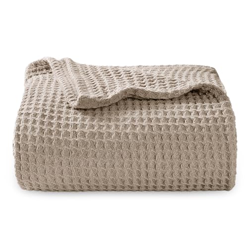 Bedsure 100% Cotton Throw Blanket for Couch 50x70 inches - Cooling Breathable and Soft for Summer, Waffle Weave Throw Blanket for Office, Taupe