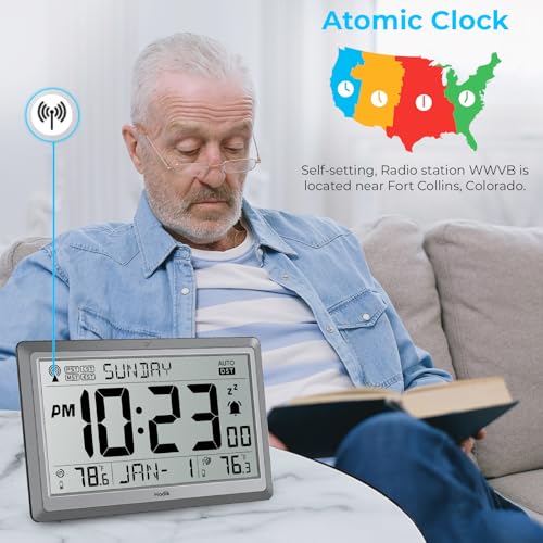 HODIK Wall Clock Atomic with Indoor Outdoor Temperature Battery Powered, Easy Reading with 10.5 Inch LCD Display, 330FT Range Table Wall Clock with DST, 12/24 Hour for Living Room Kitchen (Silver)