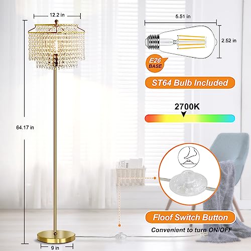 Gold Crystal Floor Lamp, 64" Tall Elegant Standing Lamp with On-Off Foot Switch, Double-Layer Lampshade, Standing Floor Lamps for Living Room, Bedroom, Office, 8W LED Bulb Included