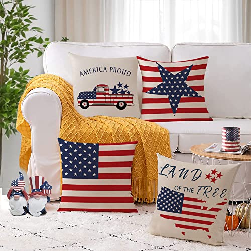 YeeJu Set of 4 Patriotic Throw Pillow Covers 18x18 4th of July Pillow Covers American Flag Fourth of July Memorial Day Independence Day Red White Blue Veteran Pillow Cases for Home Outdoor Decoration
