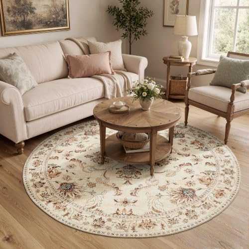 jinchan 6ft Traditional Floral Round Rug, Washable Rug, Oatmeal Rust