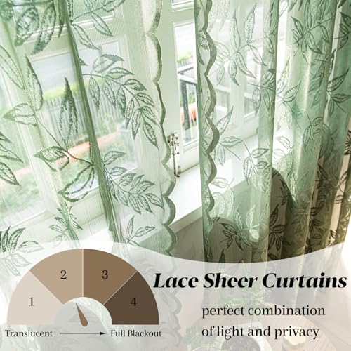 Sutuo Home Olive Green Lace Curtains 84 Inches Long for Bedroom Living Room, Leaf Embroidery Window Sheer Drapes Pair, Rod Pocket Vintage Country Window Treatments Set of 2 Panels, 57" W x 84" L