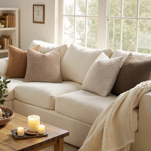 MIULEE Pack of 4 Decorative Textured Boucle Throw Pillow Covers 18x18 Inch Neutral Brown Accent Solid Pillow Cases Couch Cushion Covers for Modern Farmhouse Boho Chair Sofa Bed Room Home Decor