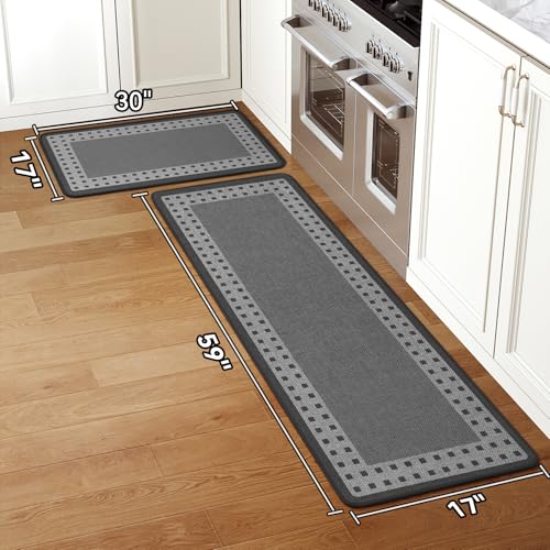 Kitchen Rugs Set of 2, Kitchen Mats for Floor,17x30+17x59 Grey