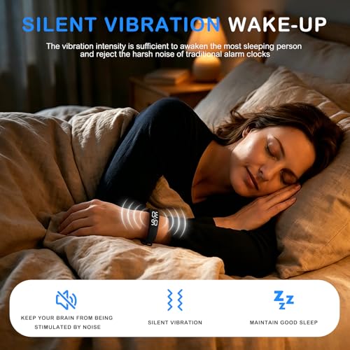 Black Vibrating Alarm Wristband for Heavy Sleepers with Body Temperature Monitoring Waterproof Noiseless Silent Shock Watch USB Rechargeable for Students Sports Won’t Wake Your Partner