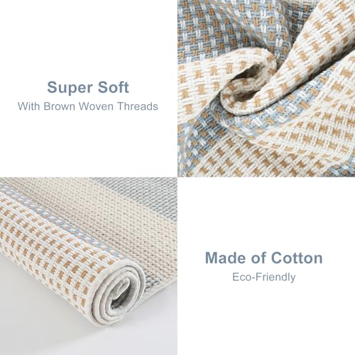 OJIA Washable Outdoor Rug 3'x5', Blue/White/Tan Outdoor Area Rug Entryway Rugs Indoor Door Mat Front Porch Rug Cotton Small Checkered Rug Floor Carpet for Entry/Patio/Bedroom/Living Room