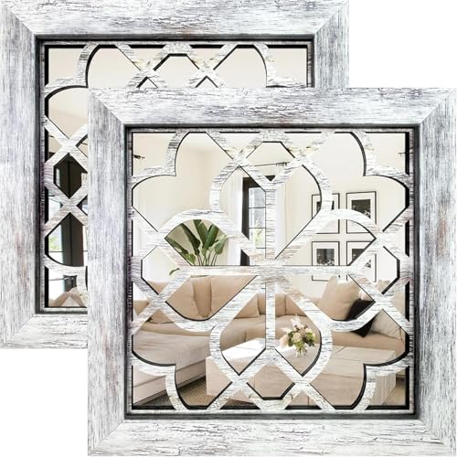 Boho Wall Mirror Decor, Set of 2 Rustic Farmhouse Accent Mirrors 12x12 Inch, Square Acrylic Shatterproof Vintage Style Mirror for Wall, Small Decorative Mirrors for Living Room, Bedroom, Grey