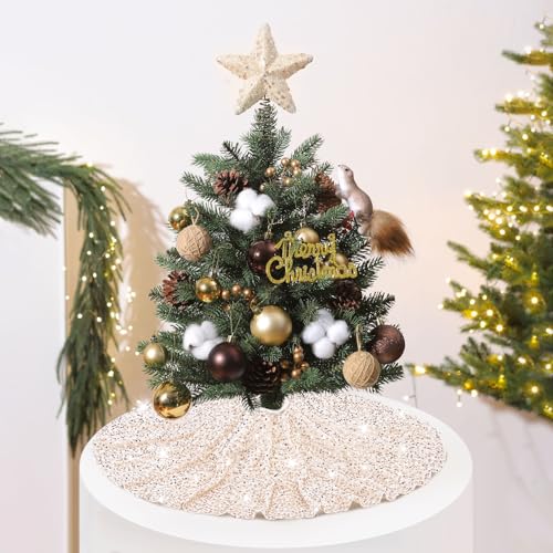 Champagne Gold Christmas Tree Skirt 24 Inches Small Tree Skirt Velvet Sequin Tree Skirt for Christmas Tree Mat Decorations