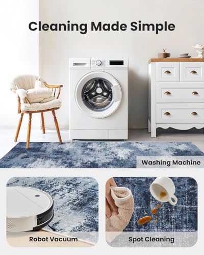 AMADA 2'6"x8' Modern Abstract Washable Area Rug for Entryway Dark Blue