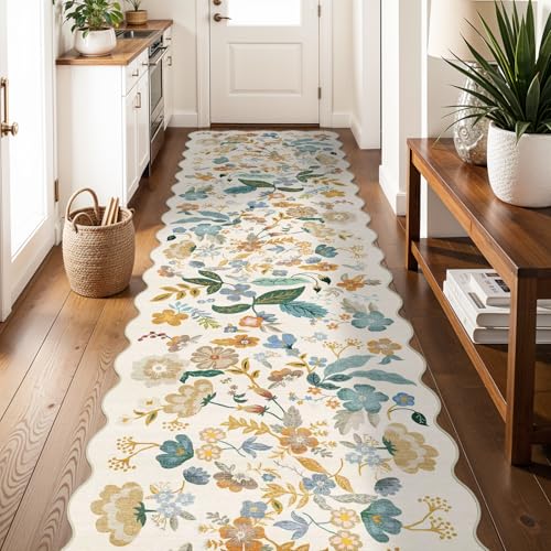 3x12 Washable Scalloped Floral Rug: Non Slip Long Hallway Runner Rug Cream