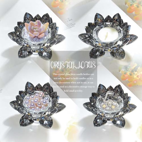 Lotus Black Crystal Tea Candle Holder Crystal Wishing Tealight Candlestick Stand Exquisite Desktop Decoration Holiday Celebration Wedding Restaurant Party Atmosphere Decoration (4 Pcs, Dark Grey)