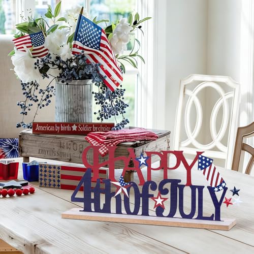 MEETYAMOR 4th of July Decorations, Metal Happy Fourth of July with Wooden Base, Patriotic Independence Day Decor for the Home, Tiered Tray, Shelf, Table, Mantel