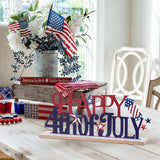 MEETYAMOR 4th of July Decorations, Metal Happy Fourth of July with Wooden Base, Patriotic Independence Day Decor for the Home, Tiered Tray, Shelf, Table, Mantel