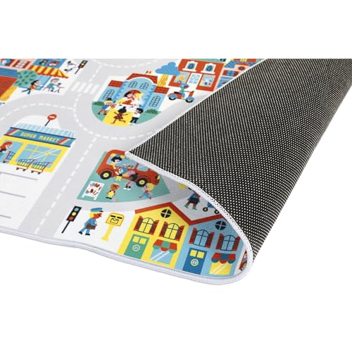 Janod - Children's Car Rug - City Theme - Soft & Non-Slip - Urban Pattern - Play Rug for Girls & Boys' Bedrooms - 120 x 78cm - Hand Washable - from 2 Years Old - J05910