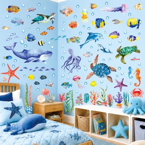 DECOWALL 128 Pieces Under The Sea Wall Decals Ocean Fish Stickers Turtle Jellyfish Seaweed Removable for Kids Bedroom Nursery Living Room Home Art Decor Bathroom Baby(DS12-8048)