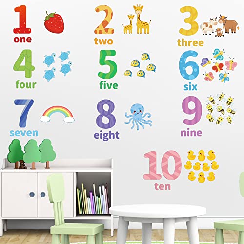 Large Number Wall Decals Stickers Educational Learning Wall Sticker Animal Arabic Numbers 1-10 Vinyl Counting Decals Peel and Stick Removable for Children Kids Toddlers Classroom Playroom Daycare
