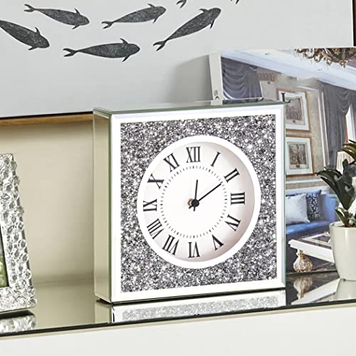 Desk Small Clocks 8x8x2 Inch Crystal Sparkle Twinkle Bling Square Crushed Diamond Mirrored Table Top Decorative Clock for Home Decoration Silver Mirror Home Decor. AA Battery is not included.