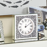 Desk Small Clocks 8x8x2 Inch Crystal Sparkle Twinkle Bling Square Crushed Diamond Mirrored Table Top Decorative Clock for Home Decoration Silver Mirror Home Decor. AA Battery is not included.