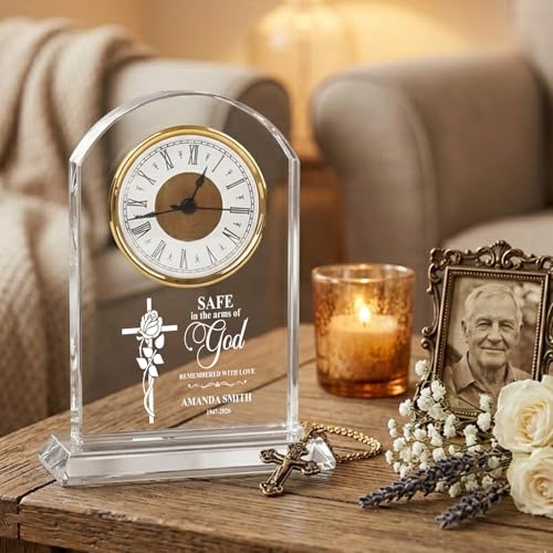 Personalized Memorial Crystal Cross Clock, Sympathy Clocks, in Memory for Loss of Loved Mom/Grandma, Memorial Gifts Clock