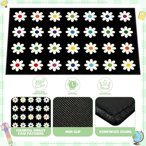 7.6x12 ft Large Daisies on Black Classroom Rug Daisy Educational Area Mat Daisy Flowers Multicolor Play Carpet Educational Classroom Learning Mat for Preschool Playroom Elementary Kindergarten(Black)