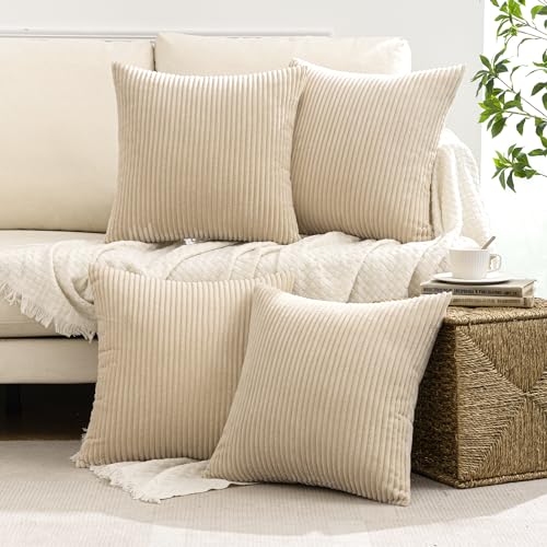 MIULEE Soft Corduroy Decorative Throw Pillow Covers Beige 18x18