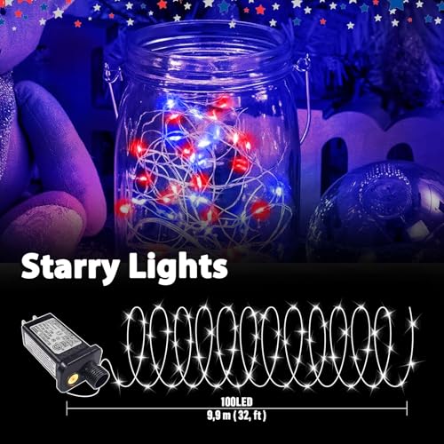 LAMPHOME Red White Blue Patriotic Fairy Lights Plug in, 33Ft 100 LEDs Waterproof Twinkle Firefly Lights, Adaptor Included Starry String Light for Independence Day Patriotic Holidays Decoration