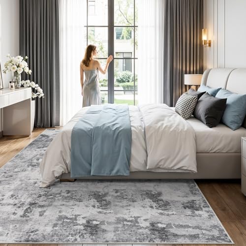 Living Room Rug 7x10 Abstract: Non Slip Washable Area Rugs Black Grey