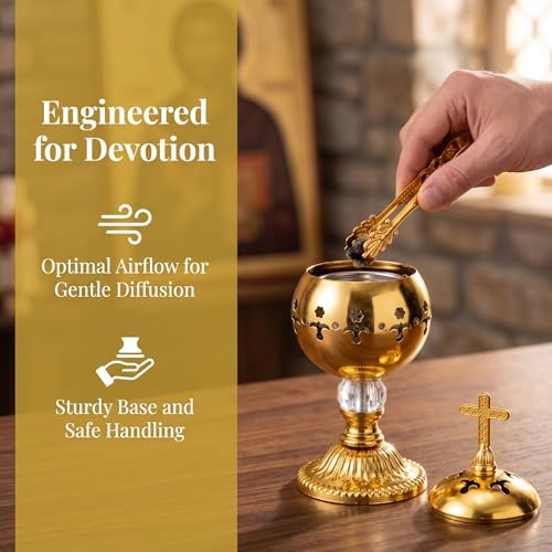 TOPZEA Catholic Incense Burner with Tong, Gold Metal Bakhoor Frankincense Resin Burner, Brass Plated Charcoal Incense Censer Stand with Cross for Christian Church, Home, Yoga, Spa Aromatherapy