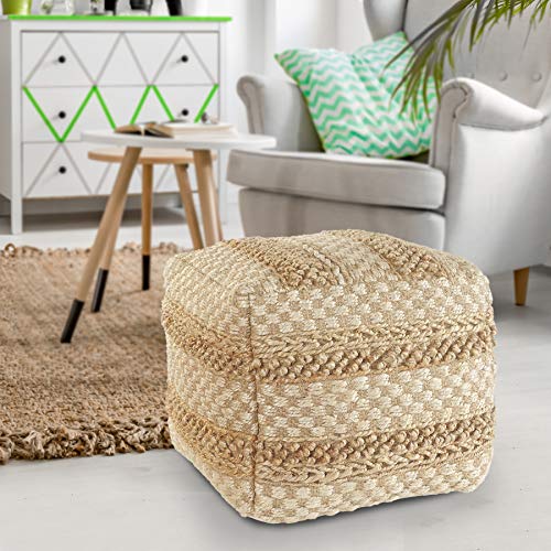 LR Home Natural/Off-White Square Ottoman Pouf for Home Decor | Striped Hand-Woven Jute Cotton Blend Square Pouf Ottoman Foot Rest for Bedroom & Living Room Decor | 18" D X 18" W X 18" H