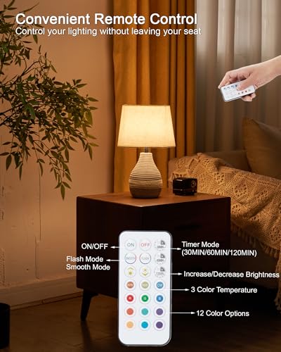 13" H Small Rechargeable Cordless Ceramic Table Lamp with Remote – RGB, Warm White Light, Timer, Dimmer – Battery Operated Lamp with Linen Shade for Patio, Bedroom, Living Room, Dining Table