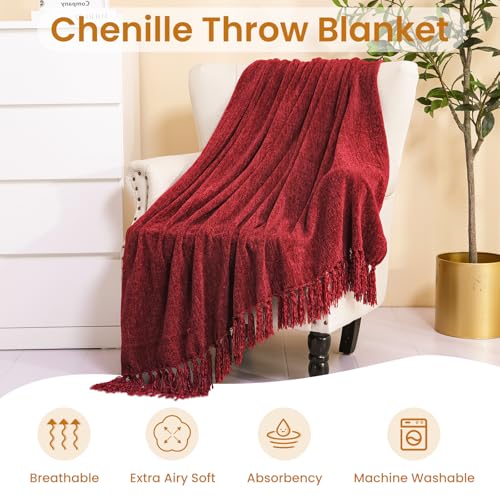 Burgundy Red Chenille Throw Blanket for Couch Bed，Soft Cozy Throw Blanket with Handmade Fringe, Decorative Blanket for Sofa Chair Living Room for Gift, (Burgundy Red)