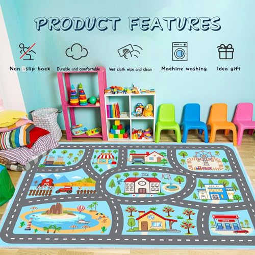 Kids Rug Car Rugs 31''x47'' Playmat Carpet for Play Toy Cars for Playroom Classroom Kids Room, Non-Slip Road Traffic Floor Rug Mats, Washable Children's Town Road Play Rug.