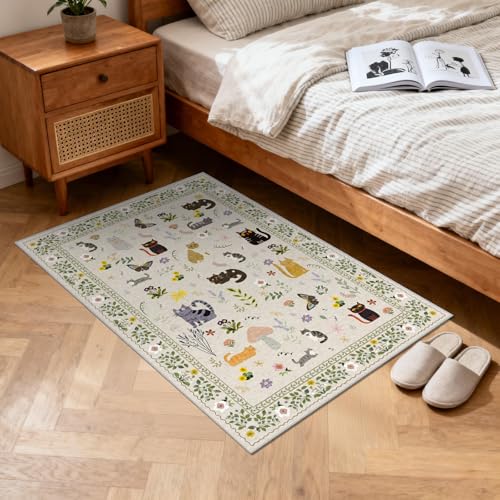 Small 2x3 Area Rugs for Entryway: Washable Kitchen Runner Rug Non Slip Soft Low Pile Animal Cat Carpet Rugs with Rubber Backing Waterproof Door Mats for Indoor Bathroom Bedroom Kids Room (2x3, Beige)