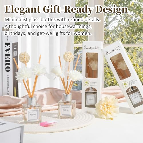 Reed Diffuser Set of 2, Freesia Scent Oil Diffuser with Sticks for Home Fragrance, Office Living Bedroom Decoration, Bathroom Decor and Accessories, Air Fresheners Gift Set, 1.7 fl oz/50ml x 2