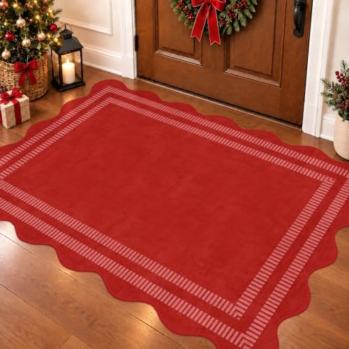 Washable 3x5 Christmas Rug, Soft Non Slip Indoor Door Mat Solid Red Entryway Rugs Stain Resistant Scalloped Carpet for Bedroom Kitchen Home Office