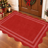 Washable 3x5 Christmas Rug, Soft Non Slip Indoor Door Mat Solid Red Entryway Rugs Stain Resistant Scalloped Carpet for Bedroom Kitchen Home Office